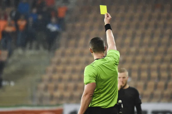 Referee Shows Footballer Yellow Card Soccer Match Stadium — Stock Photo, Image
