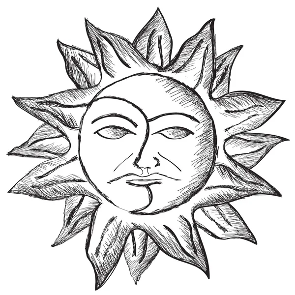 草绘的太阳和月亮的脸 — 图库矢量图片