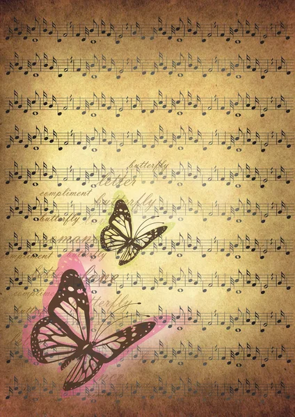 Notas musicales con mariposas — Foto de Stock