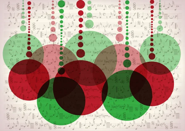 Kerstballen op vintage muziek Notitieachtergronden — Stockvector