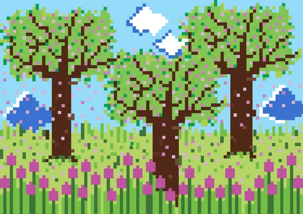 Pixeles escena primavera — Archivo Imágenes Vectoriales