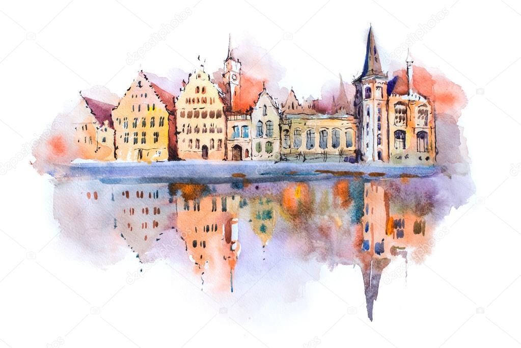 Bruges cityscape watercolor drawing 