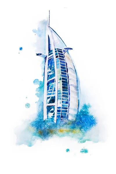 Akvarel, kresba dubajský hotel. — Stock fotografie
