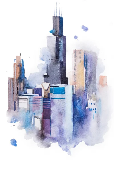 Akvarell rajz városkép big city downtown — Stock Fotó