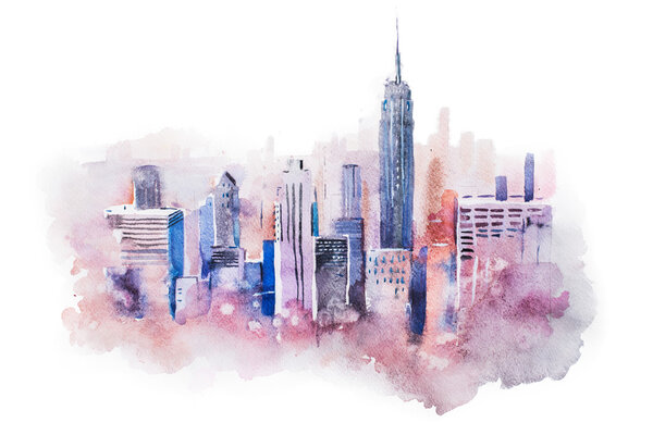 watercolor drawing big city downtown 
