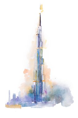 Uluslararası Dubai Kongre ve Sergi Sarayı Kulesi çizim suluboya  