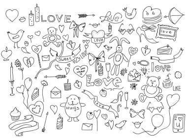 Elle çizilmiş aşk doodle simgeler