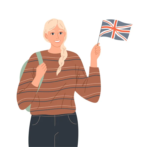 Vrouwelijke student heeft de Engelse vlag. Ze is toerist, moedertaalspreker of leert Engels. — Stockvector