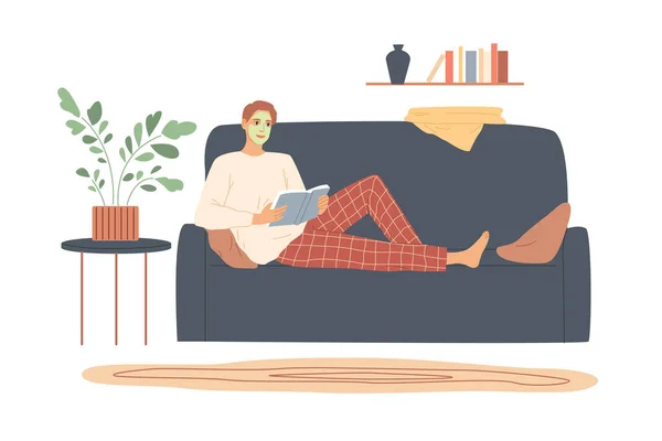 Ο άντρας με την κρέμα στο πρόσωπό του ξαπλώνει στον καναπέ και διαβάζει — Διανυσματικό Αρχείο