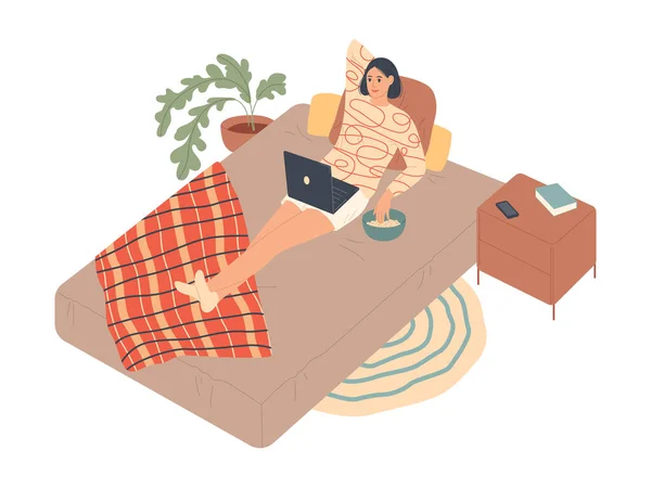 Жінка лежить на ліжку і дивиться серію на ноутбук . — стоковий вектор