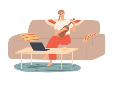 Evde oturan ve gitar çalan bir kız.