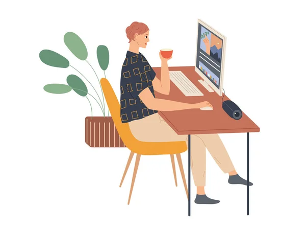 Młoda kobieta siedzi i pracuje przy komputerze — Wektor stockowy