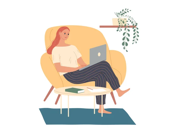Mujer se sienta en la silla con el ordenador portátil y toma notas — Vector de stock