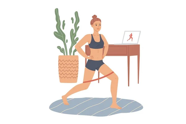 Vrouw doet lunges met een rubberen lus weerstand band. Oefeningen voor de benen en billen thuis. — Stockvector