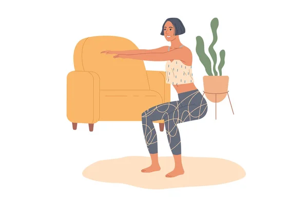 Mulher esportiva praticando exercícios de agachamento em casa. —  Vetores de Stock