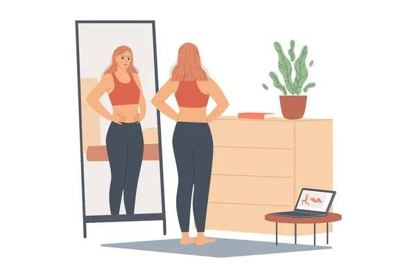 Vrouw niet blij met haar gewicht, ze kijkt naar haar buik en taille, staat voor een spiegel en kijkt naar haar lichaam na de training. — Stockvector