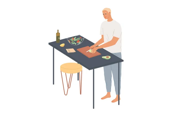 Мужчина дома готовит овощной салат, режет авокадо — стоковый вектор