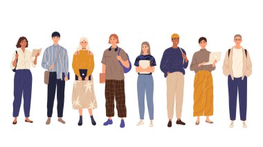 Bir grup öğrenci kitap ve dizüstü bilgisayarlarla birlikte ayakta duruyorlar..