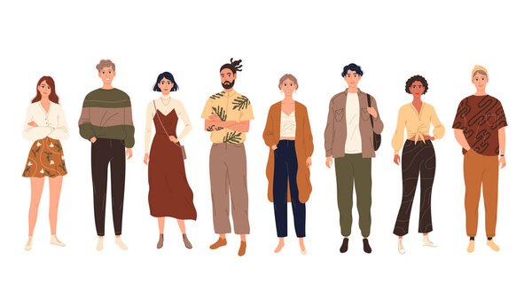 Group of young people standing full-length together side by side.