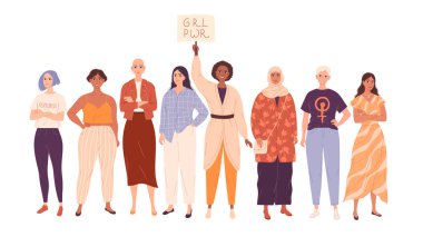 Tam uzunlukta bir grup farklı kadın. Güzel stil kızları, feministler ve protestocular.