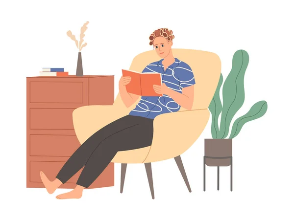 Mujer con rulos en el pelo está sentada y leyendo un libro. — Vector de stock