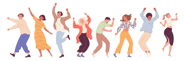 Bir grup mutlu dans eden insan, dans eden karakterler. Dans partisi, disko. — Stok Vektör