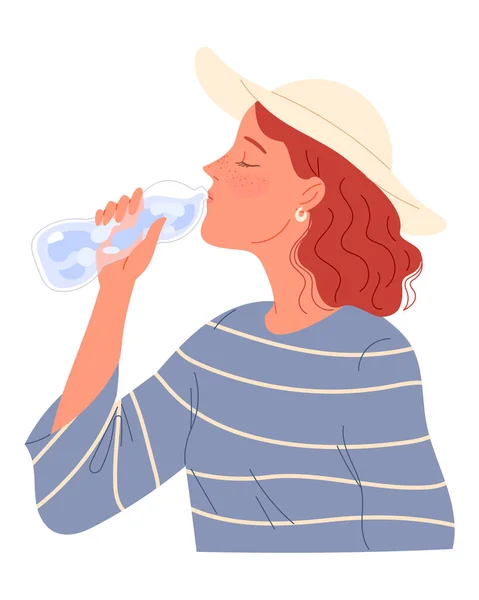 Roodharig meisje met sproeten en een hoed drinkwater uit fles. — Stockvector