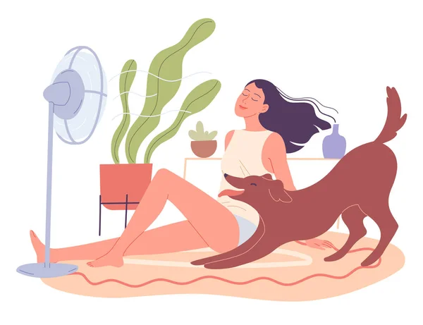 Girl and her dog are chilling at home by the fan — Stock Vector