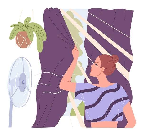Vrouw doet de gordijnen dicht ze is erg warm thuis in de hitte van de zomer — Stockvector