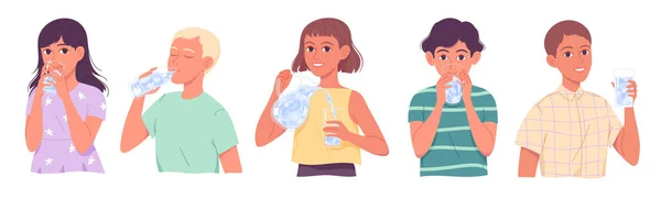 Kids drinking water, children drinks water, boys and girls quenching thirst on white background. — ストックベクタ