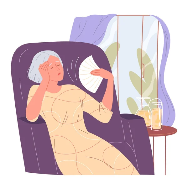 Femme mûre ventilateur son visage à la maison dans la chaleur — Image vectorielle