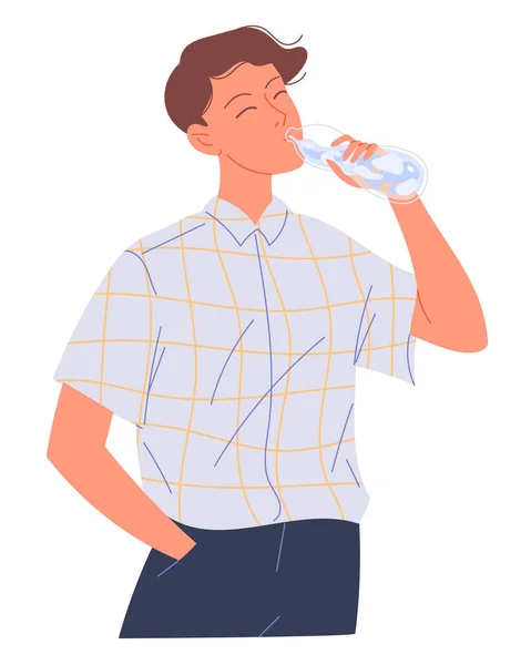 Ο νεαρός πίνει νερό από ένα μπουκάλι. — Διανυσματικό Αρχείο