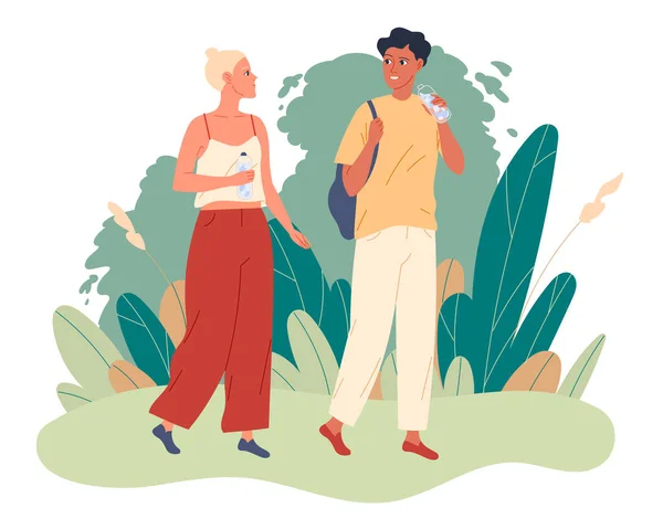 情侣们在公园里散步，喝水 — 图库矢量图片