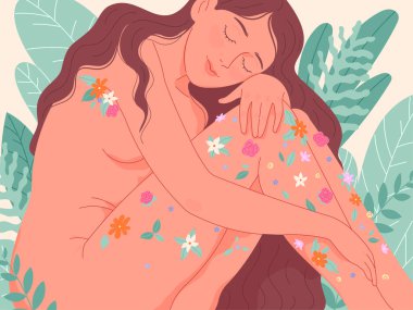 Şehvetli çıplak kadın vücudunu çiçeklerle süsledi. Koku, güzellik ve zevk.