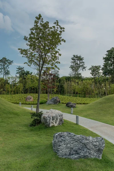 Landscape, public park with mowed lawn, walking path and stones. — Stock Photo, Image