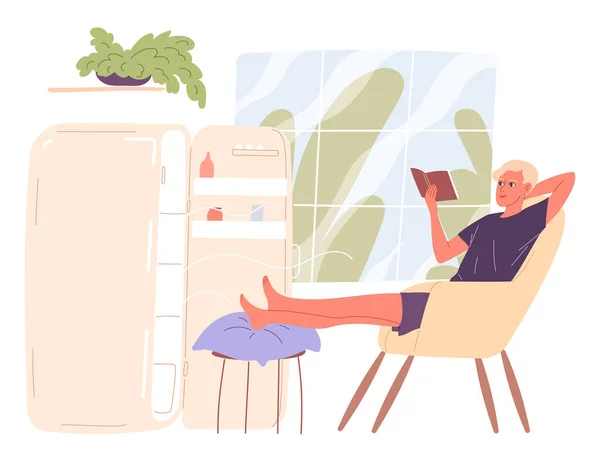 L'uomo siede vicino a un frigorifero aperto e si raffredda nel calore — Vettoriale Stock