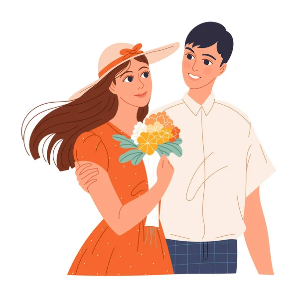 若い男は女の子を求めている、彼女に花の花束を与えた — ストックベクタ