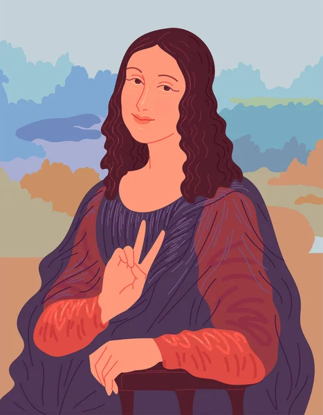 V 사인을 보여 주는 여성의 초상화. Illustration based on Leonardo da Vinci Mona Lisa — 스톡 벡터