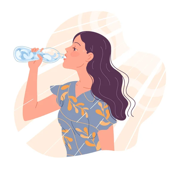 Mujer joven tiene sed en el calor y bebe agua — Archivo Imágenes Vectoriales