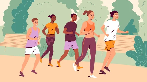 Gente che corre all'aperto. Gruppo di giovani uomini e donne che fanno jogging — Vettoriale Stock