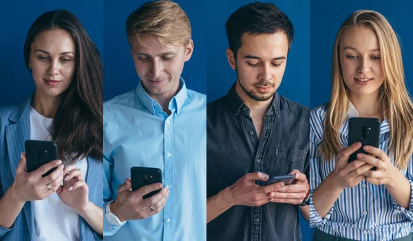 Mensen die telefoons vasthouden, naar schermen kijken. Collage. — Stockfoto