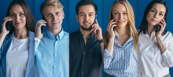 Os jovens falam ao telefone. Colagem. — Fotografia de Stock