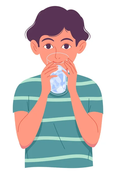Mignon petit garçon boire de l'eau du verre sur fond blanc. — Image vectorielle
