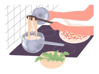 İnsan evde yemek pişirir, spagetti pişirir.