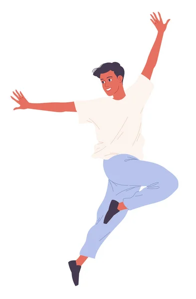 Un giovane balla in un salto con le mani in alto — Vettoriale Stock
