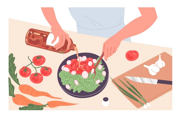 Una persona cocina una comida en casa. Ensalada de verduras frescas — Vector de stock