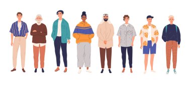 Diverse group of young men standing together. Flat cartoon vector illustration. clipart