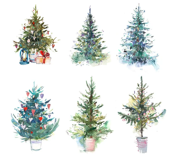 Árvore de Natal decorada Ano Novo Ilustração aquarela Desenho de cor da água — Fotografia de Stock