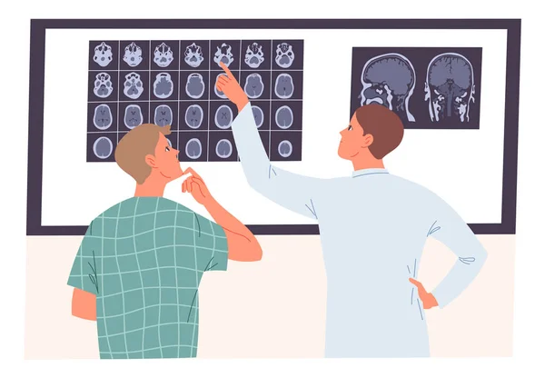 Medico e paziente che guardano una risonanza magnetica del cervello — Vettoriale Stock