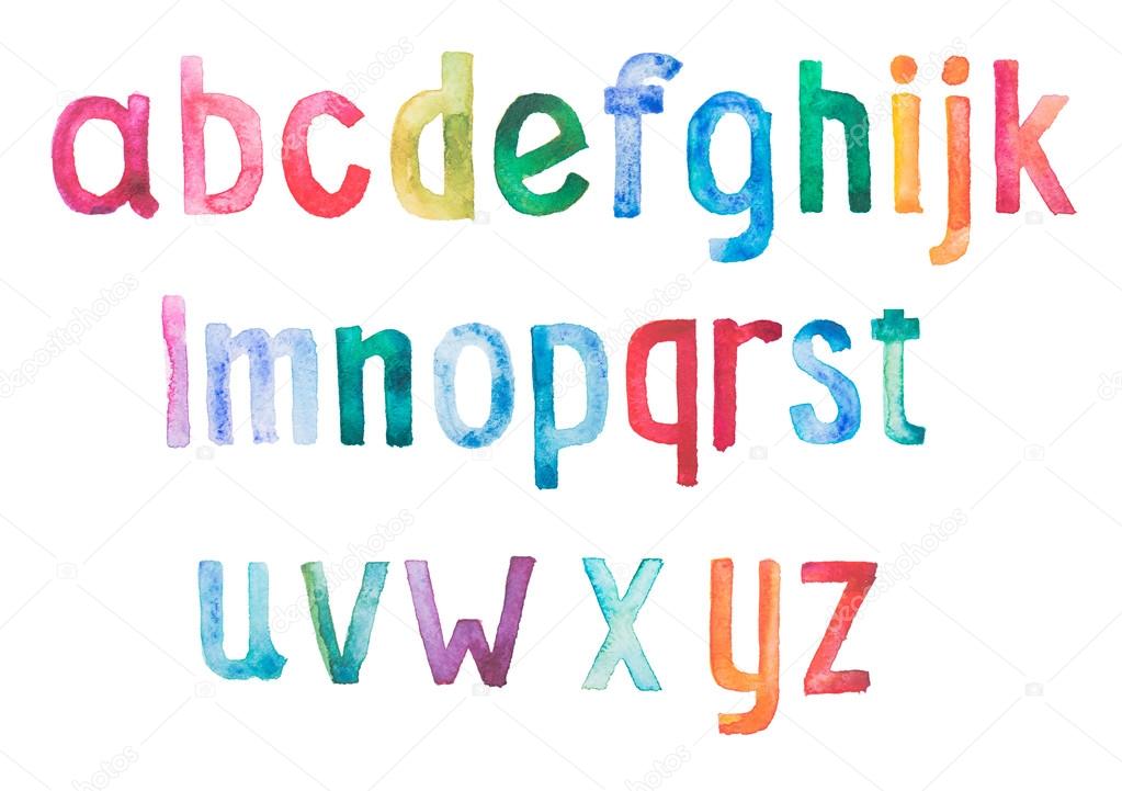 Colorful watercolor aquarelle font type handwritten hand draw doodle abc alphabet letters.